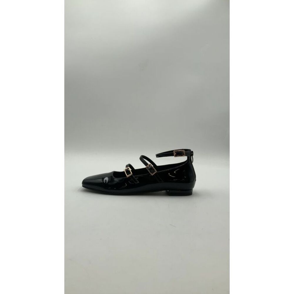Quince Black Patent Mary Jane Flats with Gold Buckles